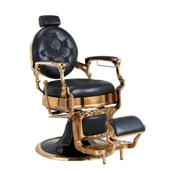 fauteuil vintage cuivré et noir de barbier avec dossier réglable et inclinable, repose jambes et têtière, porte serviette