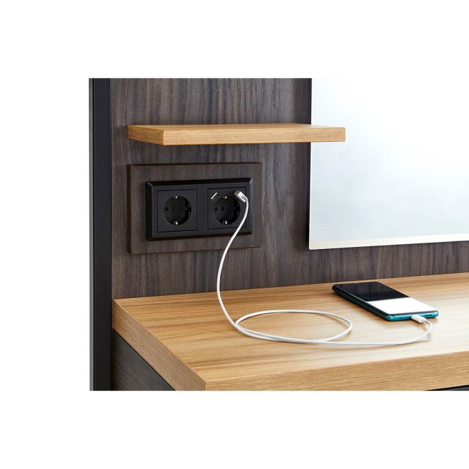Coiffeuse murale en bois foncé et bois clair avec tablette et tiroir à clés, étagères et éclairage LED intégré, doubles prises et ports usb