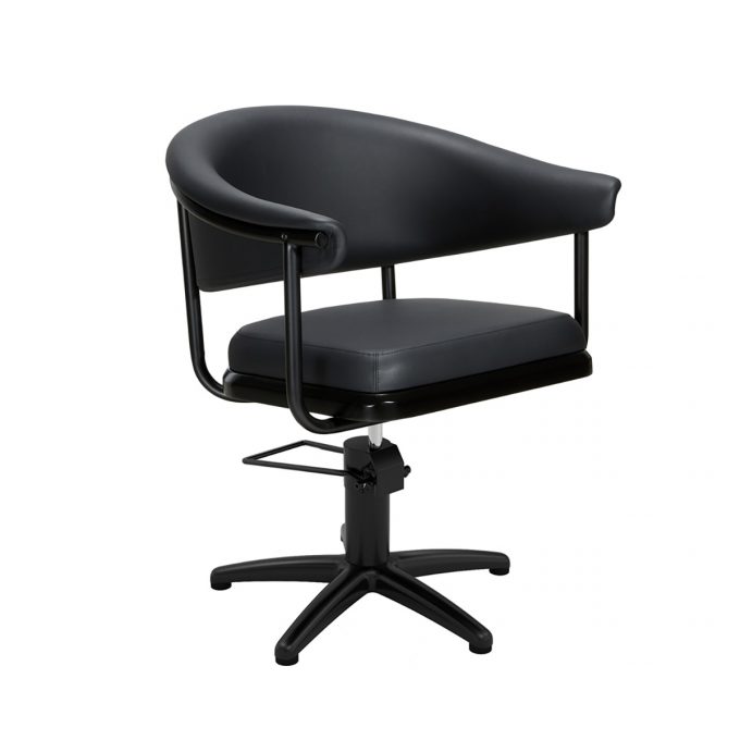 siège de coiffeur avec structure en métal noir arrondie et enveloppante, similicuir, pied en étoile, rond, carré couleur inox ou noir
