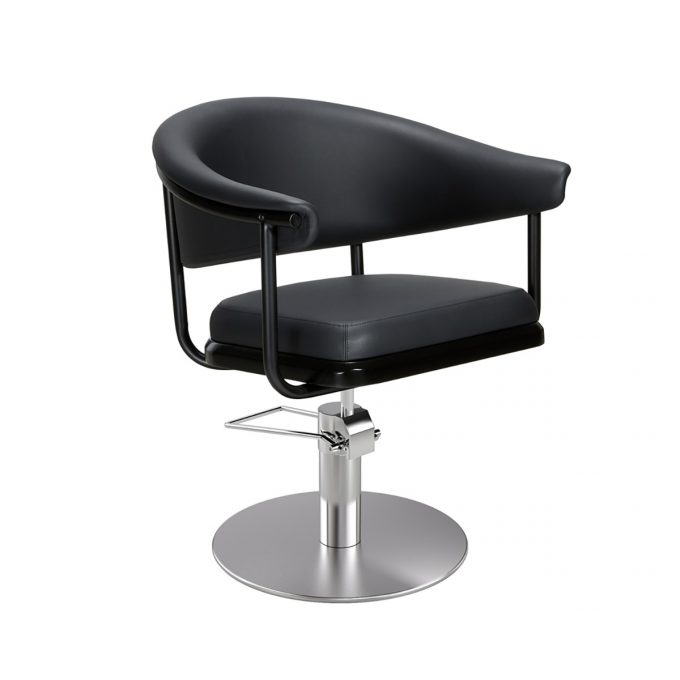 siège de coiffeur avec structure en métal noir arrondie et enveloppante, similicuir, pied en étoile, rond, carré couleur inox ou noir