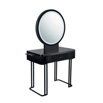 coiffeuse deux places noir avec miroir LED, tiroirs de rangement, prises électriques et usb, porte outils