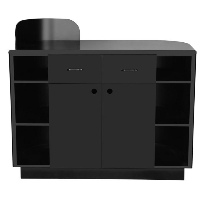 meuble de réception en mdf laqué noir avec tiroirs et portes et étagères de rangement