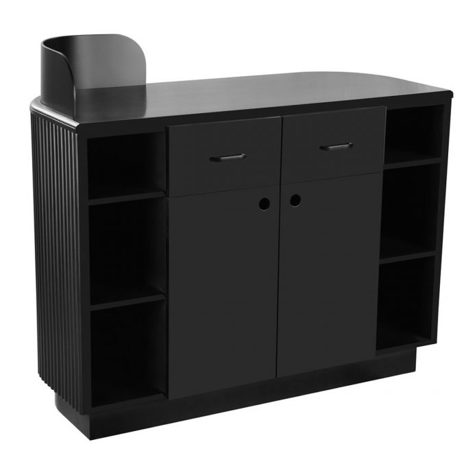 meuble de réception en mdf laqué noir avec tiroirs et portes et étagères de rangement