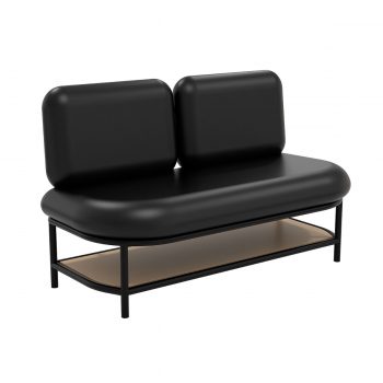 Sofa deux places, structure métallique noire avec assises et dossiers rembourrés revêtu de similicuir noir ou autres couleurs, étagères de rangement