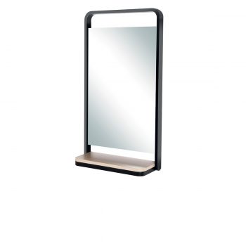 miroir de coiffeur avec cadre en métal noir et tablette en bois effet frêne