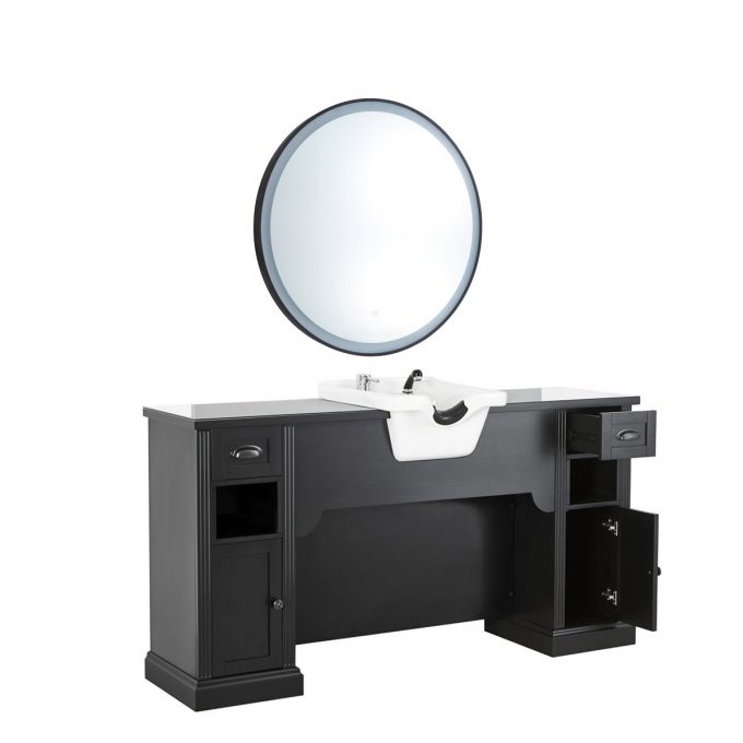 meuble vintage barbier avec miroir rond éclairage LED intégré, vasque en céramique blanche tout équipée, rangements et moulures en bois massif