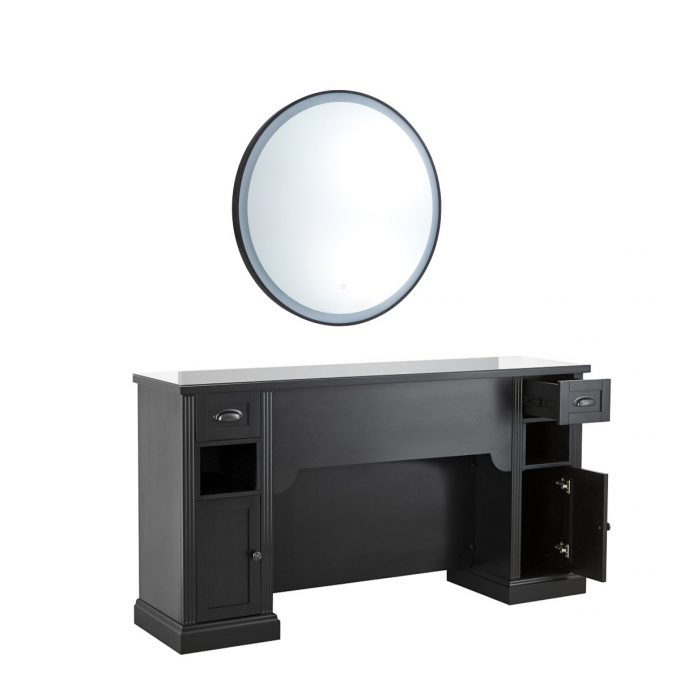 meuble de coiffure et barbier vintage en bois massif foncé et robuste avec éclairage led intégré dans miroir rond