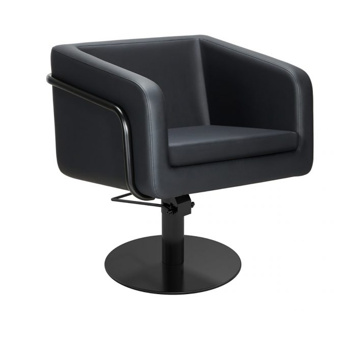 siège de coiffeur moderne forme carré avec structure en métal noir, pied carré noir, rond, ou étoile, avec pompe hydraulique, assise robuste et confortable