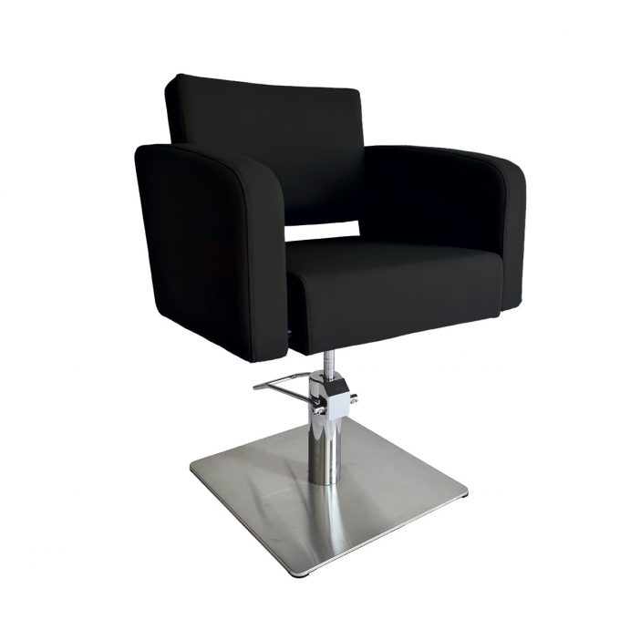 fauteuil de coiffure pas cher et économique, finition noir avec base carré et pompe hydraulique, excellent rapport qualité prix.