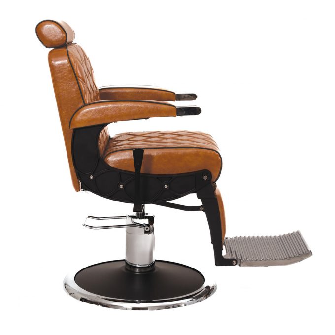 Fauteuil de barbier inclinable et réglable en hauteur, vintage, avec surpiqures losanges sur revêtement en similicuir marron