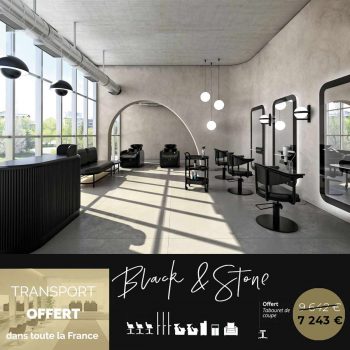 Salon de coiffure complet full black avec miroirs, bacs à shampoing, fauteuils de coiffure, comptoir de réception