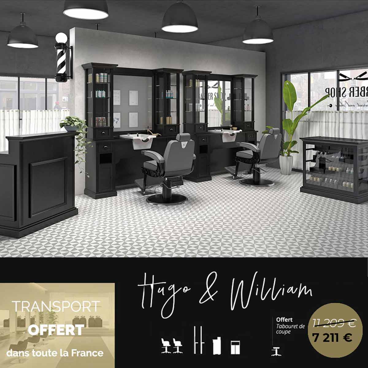 Salon de barbier complet avec grands meubles en bois vernis noir avec vitrines et lavabos, fauteuils vintage gris