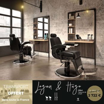 Ensemble de mobilier pour salon de coiffure et barbier, fauteuil barbier et poste de coiffure complet avec éclairage led et prises intégrées
