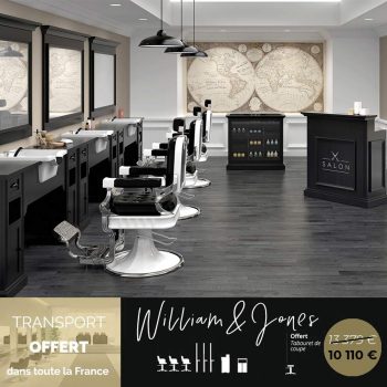 Pack salon barbier, élégant et authentique, design exceptionnel, détails travaillés, fauteuils noir et blanc, meubles robustes en bois noir