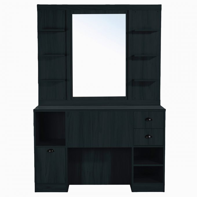 meuble avec miroir pour barbier en effet bois noir avec rangements et étagères
