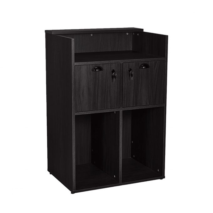 meuble caisse de réception et d'accueil en bois noir avec tiroirs à clés et rangement, petit et spacieux