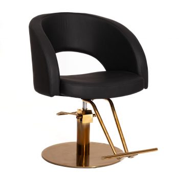 fauteuil de coiffure en similicuir noir avec repose pieds et base ronde doré avec pompe hydraulique intégrée