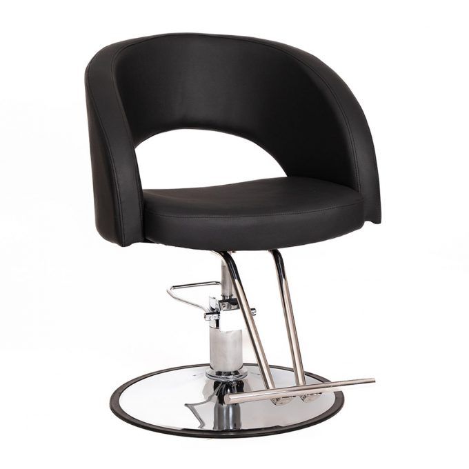 fauteuil de coiffure avec repose pieds intégré, similicuir noir et base ronde chromé avec pompe hydraulique