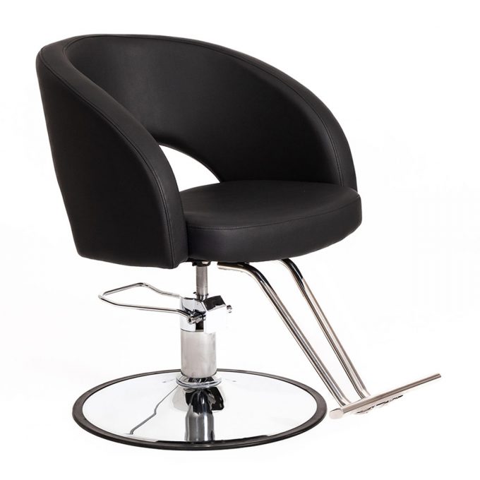 fauteuil de coiffure avec repose pieds intégré, similicuir noir et base ronde chromé avec pompe hydraulique