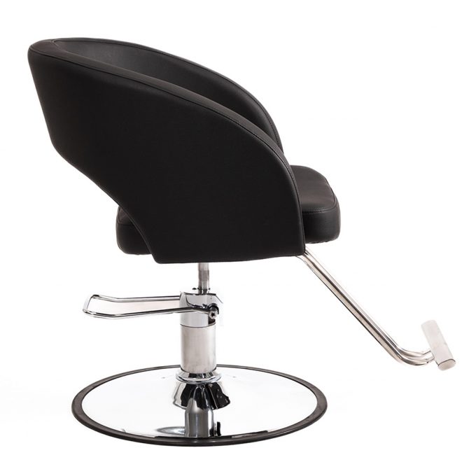 fauteuil de coiffure avec repose pieds intégré, similicuir noir et base ronde chromé avec pompe hydraulique