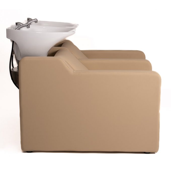 bac de lavage deux places finition similicuir couleur beige, avec deux vasques en céramique blanche entièrement équipées