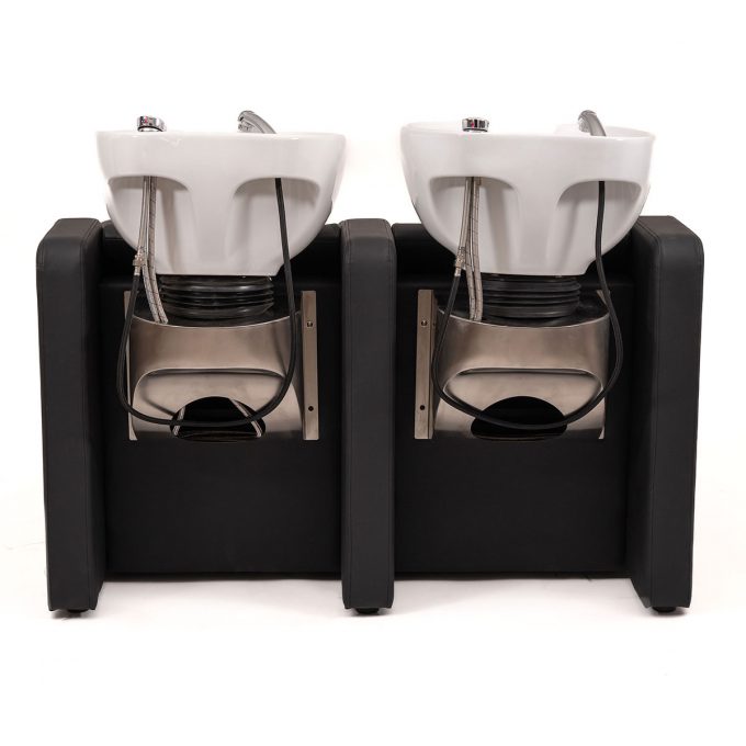 bac de lavage deux places finition similicuir couleur noir, avec deux vasques en céramique blanche entièrement équipées