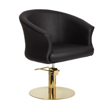 Fauteuil de coiffure noir avec base ronde gold, assise large et confortable