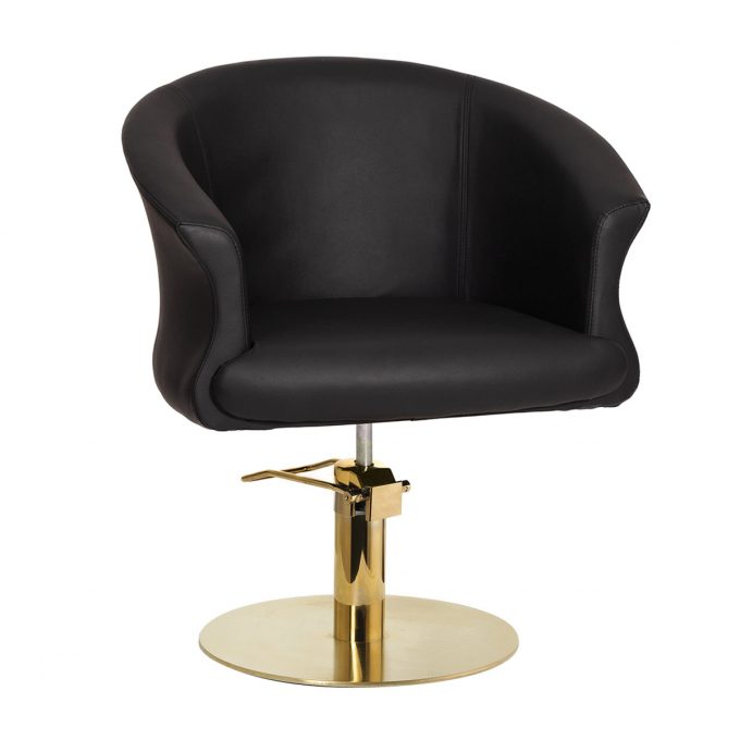 Fauteuil de coiffure noir avec base ronde gold, assise large et confortable