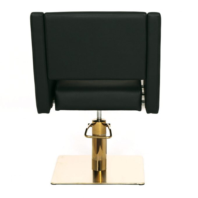 Fauteuil de coiffure noir avec assise large anti cheveux et pied carré plat couleur doré