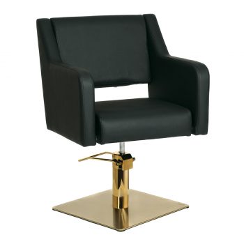 Fauteuil de coiffure noir avec assise large anti cheveux et pied carré plat couleur doré