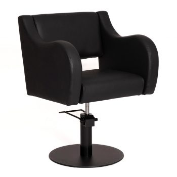 Fauteuil de coiffure full black, avec assise large, forme originale, carrée et arrondies, base ronde noire mate et pompe hydraulique inclus