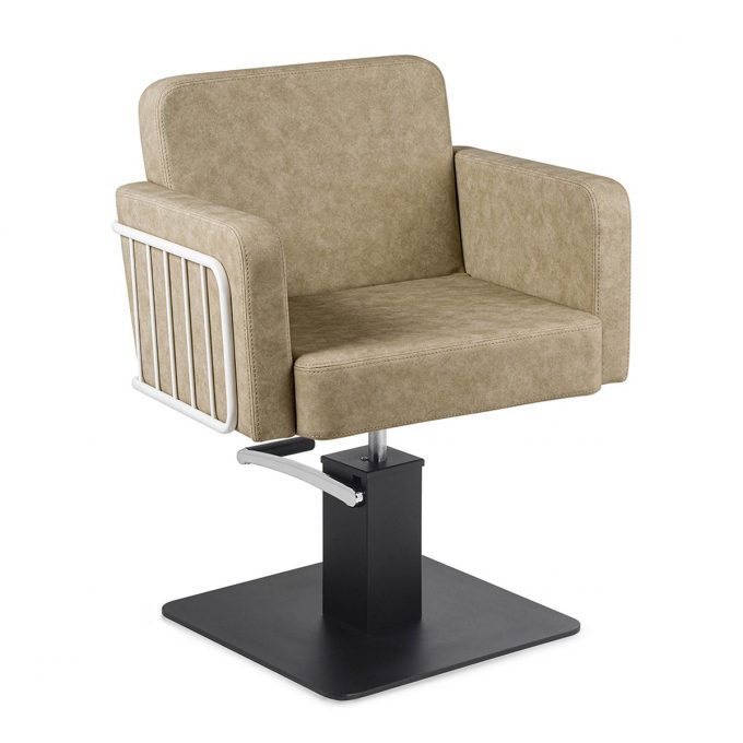 fauteuil de coiffure avec pied carré kube noir et pompe hydraulique, structure métallique blanche