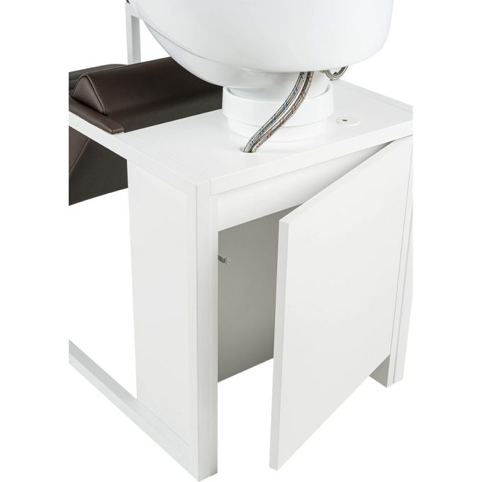 Bac de lavage avec repose jambes intégré, structure en métal blanc avec coffre en stratifié et vasque en céramique blanche