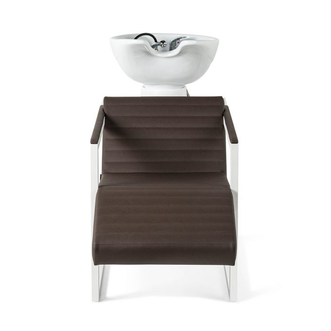 Bac de lavage avec repose jambes intégré, structure en métal blanc avec coffre en stratifié et vasque en céramique blanche