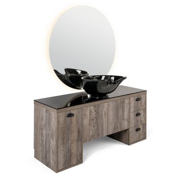 Grand miroir rond et structure en bois stratifié avec rangement et vasque basculante en céramique noir, idéal pour les professionnels de la coiffure et barbier