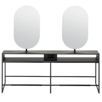 Poste de coiffure deux places avec deux grands miroirs, tablette en stratifié sur une structure métallique noir avec repose pieds intégré