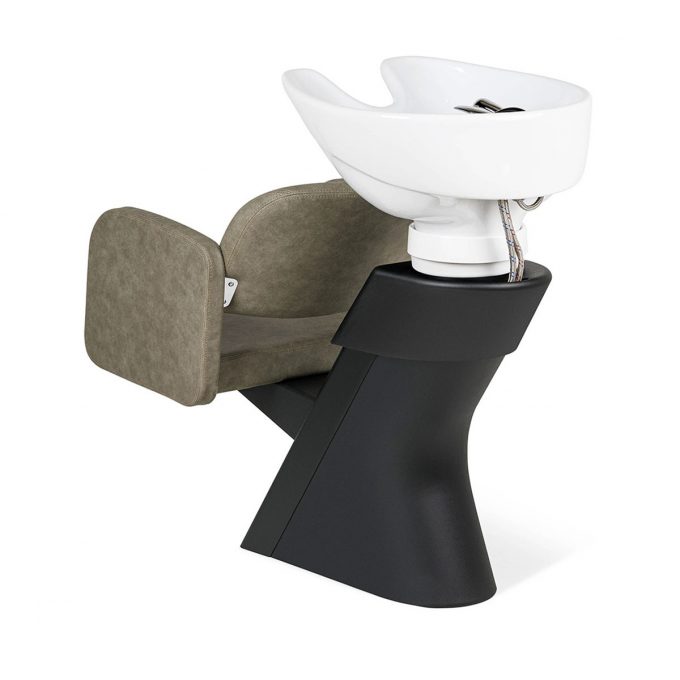 Bac à shampoing ergonomique et optimisé pour un gain d'espace, réglable en hauteur, structure noir et vasque toute équipée en céramique blanc ou noir