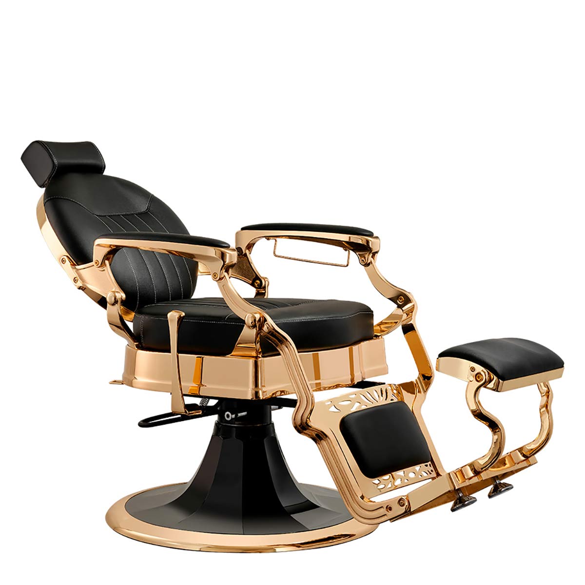 siège de barbier vintage avec structure en métal doré et similicuir noir
