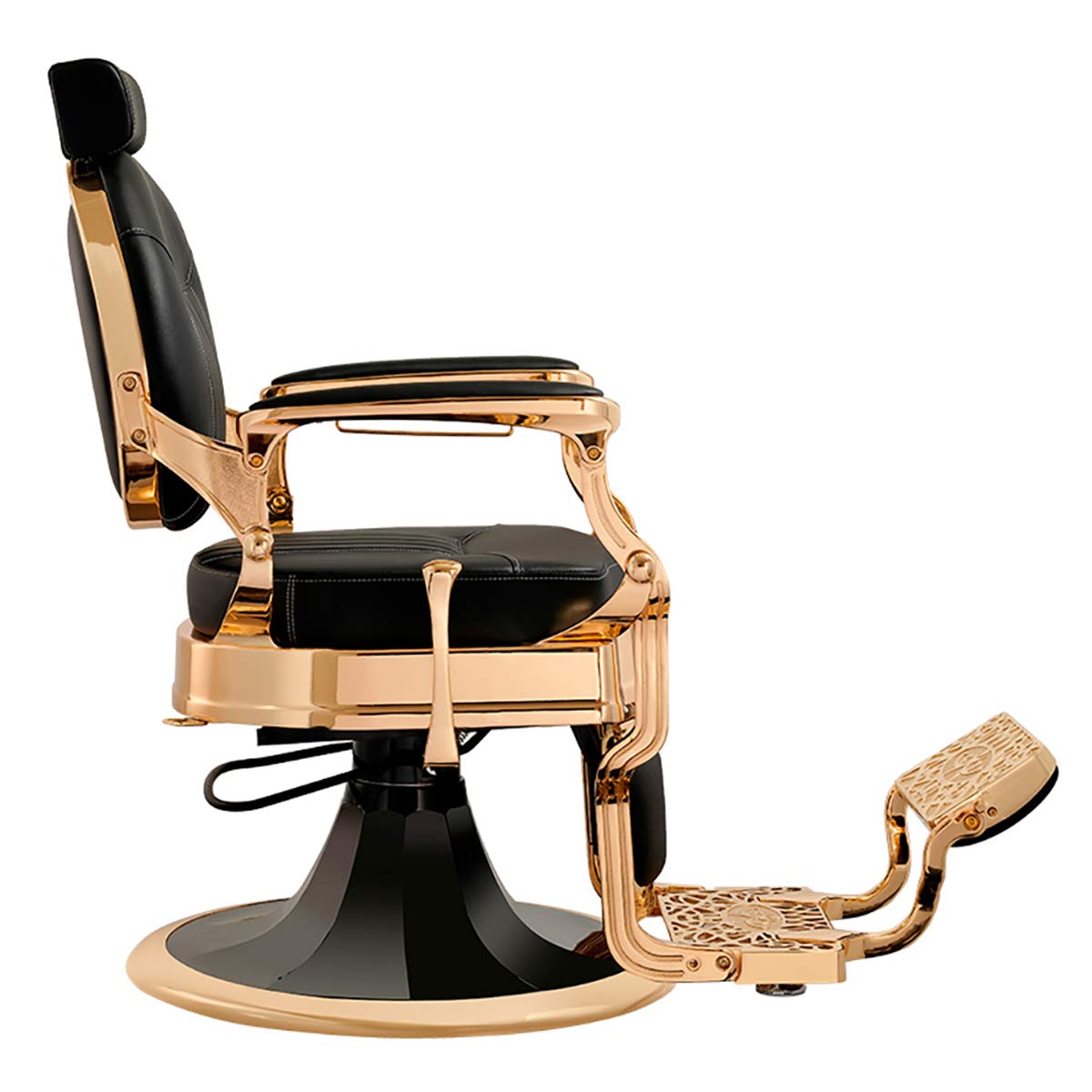 siège de barbier vintage avec structure en métal doré et similicuir noir