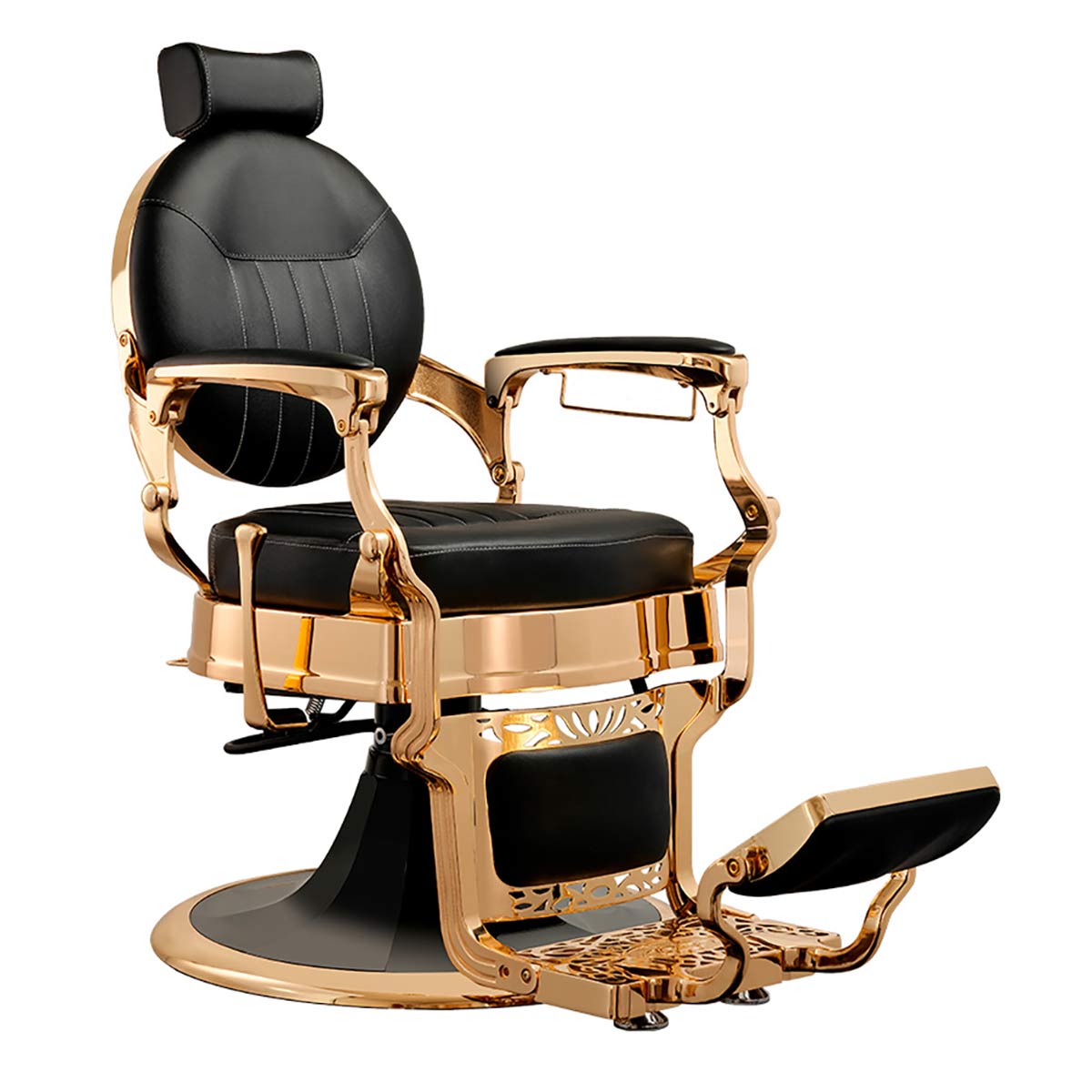 siège de barbier vintage avec structure en métal doré et similicuir noir