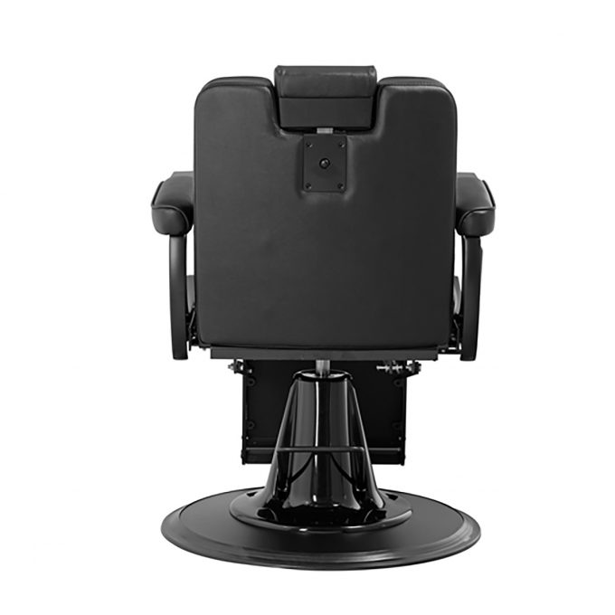 siège de barbier full black avec structure noir et revêtement en similicuir noir, repose tête réglable, fauteuil inclinable et réglable en hauteur