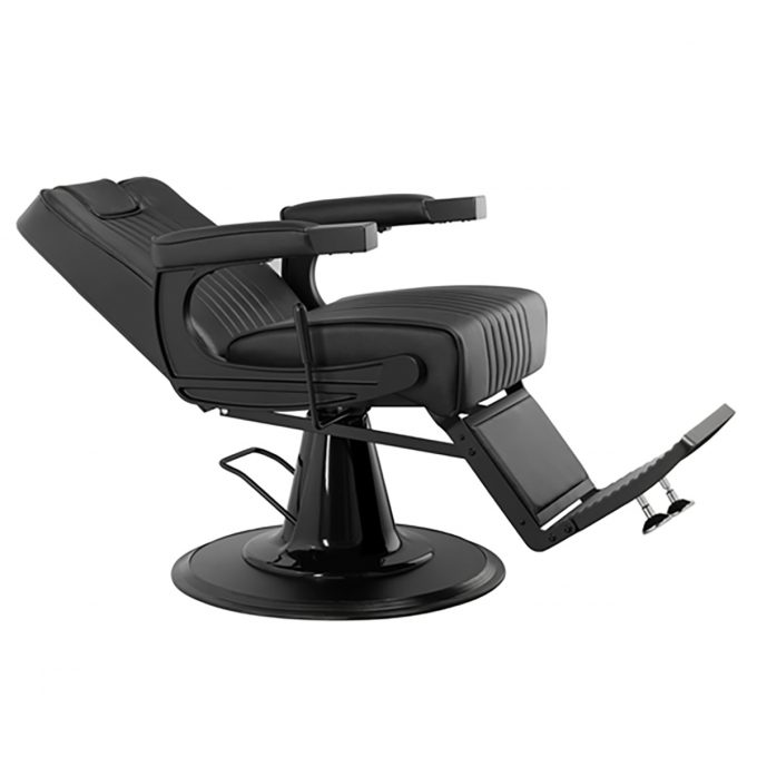 siège de barbier full black avec structure noir et revêtement en similicuir noir, repose tête réglable, fauteuil inclinable et réglable en hauteur