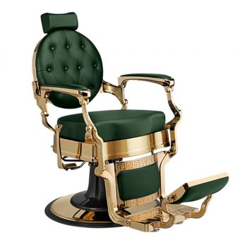 fauteuil barbier vintage structure doré avec finition en revêtement similicuir vert