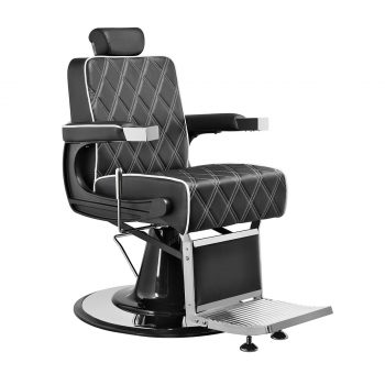 fauteuil barbier, structure en métal noir et finitions chromé sur le contour de la base et repose jambe