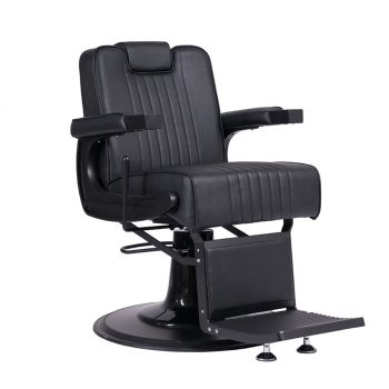 siège de barbier full black avec structure noir et revêtement en similicuir noir, repose tête réglable, fauteuil inclinable et réglable en hauteur