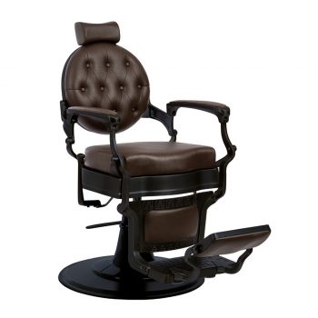 siège de barbier réglable en hauteur et inclinable, style rétro, finition noir mat et similicuir marron