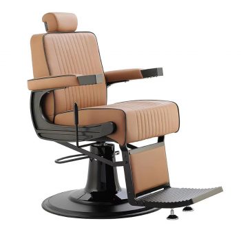 siège de barbier vintage, structure métal noir mat avec assise en similicuir marron, réglable en hauteur et inclinable