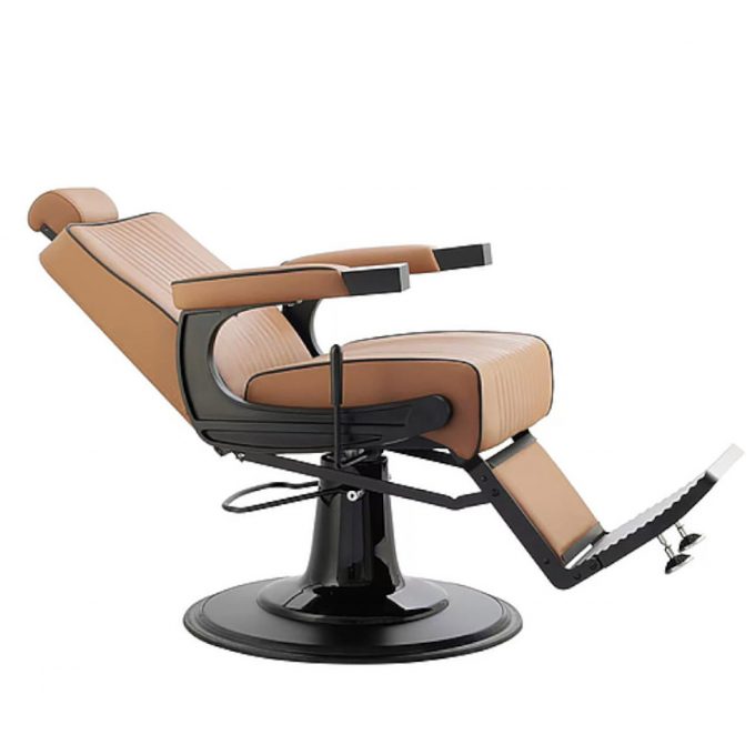 siège de barbier vintage, structure métal noir mat avec assise en similicuir marron, réglable en hauteur et inclinable