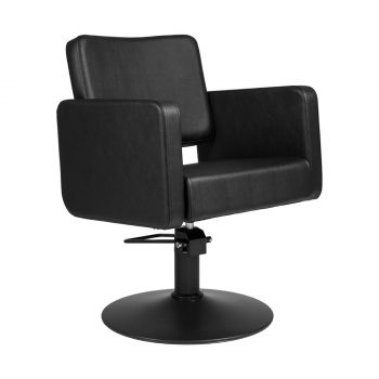 fauteuil coiffure similicuir noir avec base ronde en métal peint en noir et pompe hydraulique