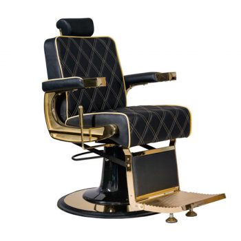 fauteuil de barbier structure en métal doré avec similicuir noir et surpiqures en losanges doré, réglable en hauteur et inclinable